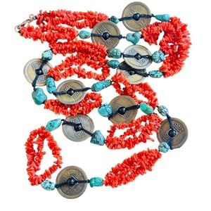 VTG BOHO Coin Turquoise Red coral branch Necklace beaded natural Authentic 73g